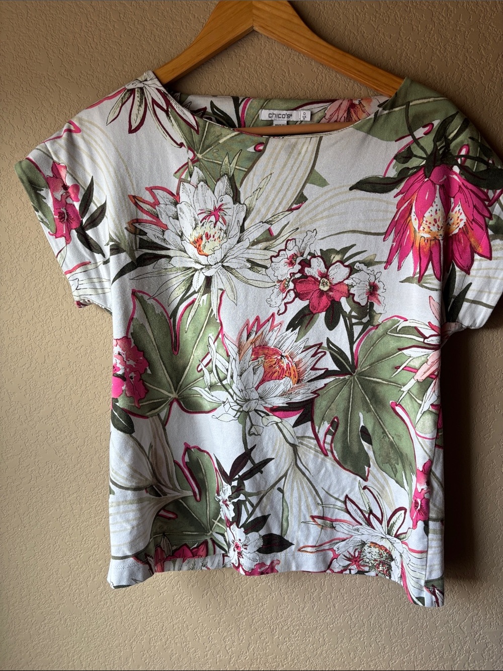 Chico's White Short Sleeve Tee with Pink & Green Botanical Print